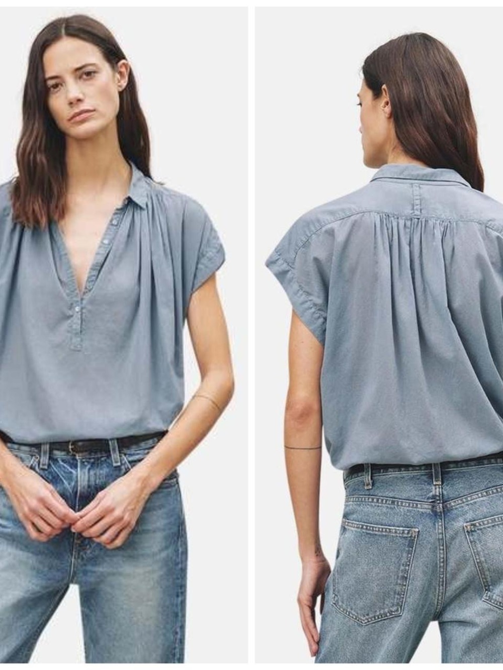 Nili Lotan XS Blue Cotton Popover Blouse Quiet Luxury Minimalist